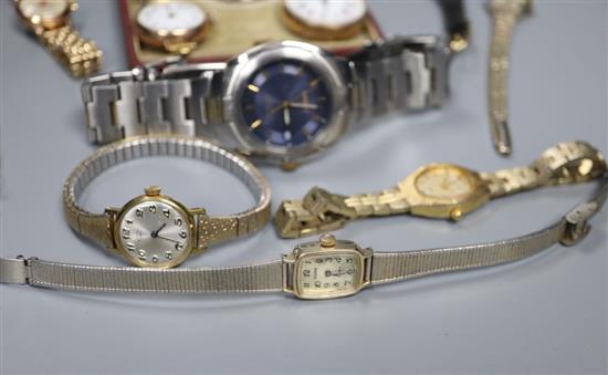 A 14k fob watch, a 9ct wrist watch, a Swiss silver fob watch and other assorted wrist watches.